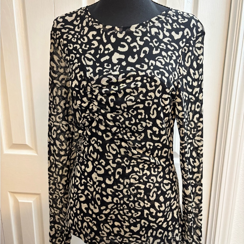 CAbi Black and Cream Leopard Print Top